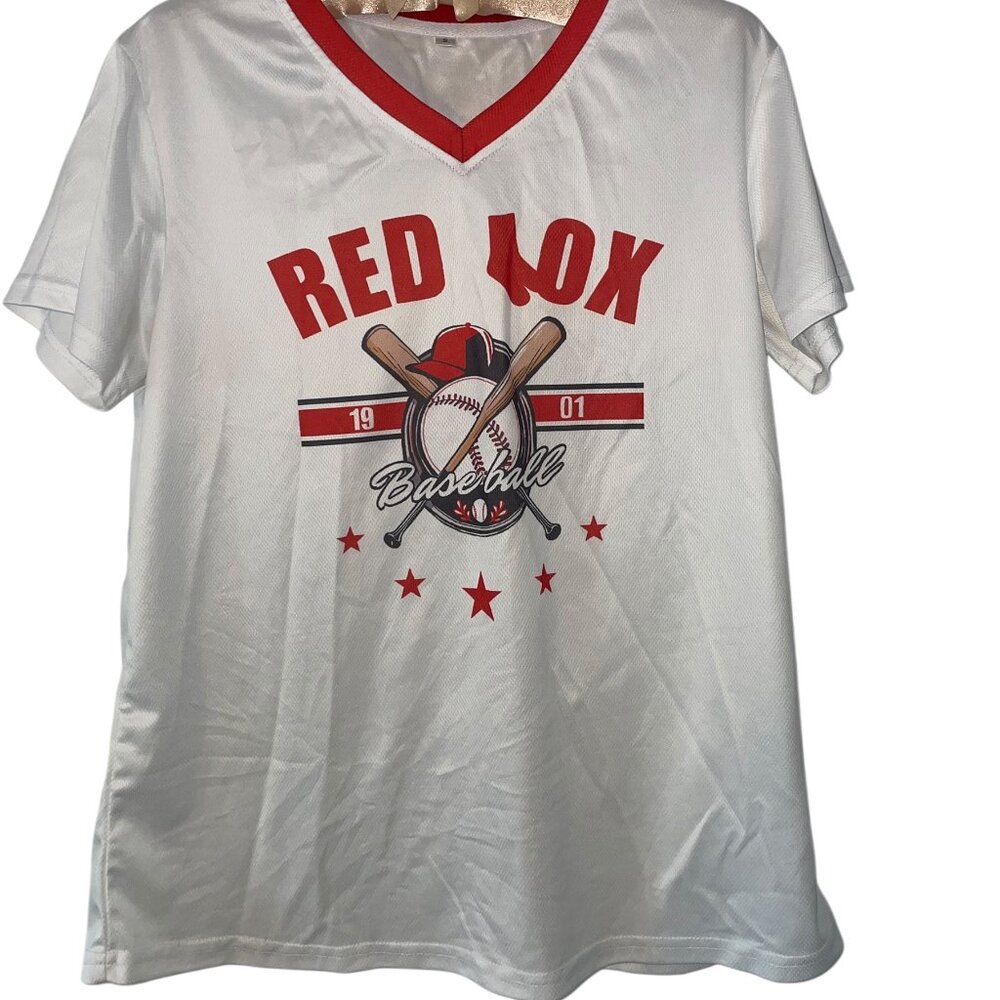 Boston Red Sox Women White Baseball Shirt Short Sleeve V-Neck Graphic Tee Size S